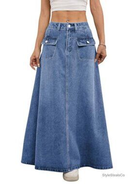 Pleated Flared Denim Maxi Jean Skirt Loose A-Line Swing